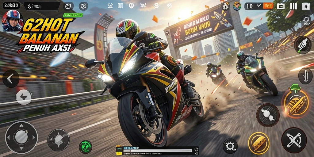 Screenshot gameplay 62HOT menampilkan aksi balap motor yang mendebarkan.