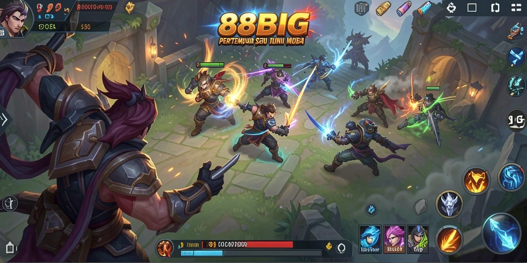 Menampilkan aksi pertempuran seru dalam game MOBA 88BIG.