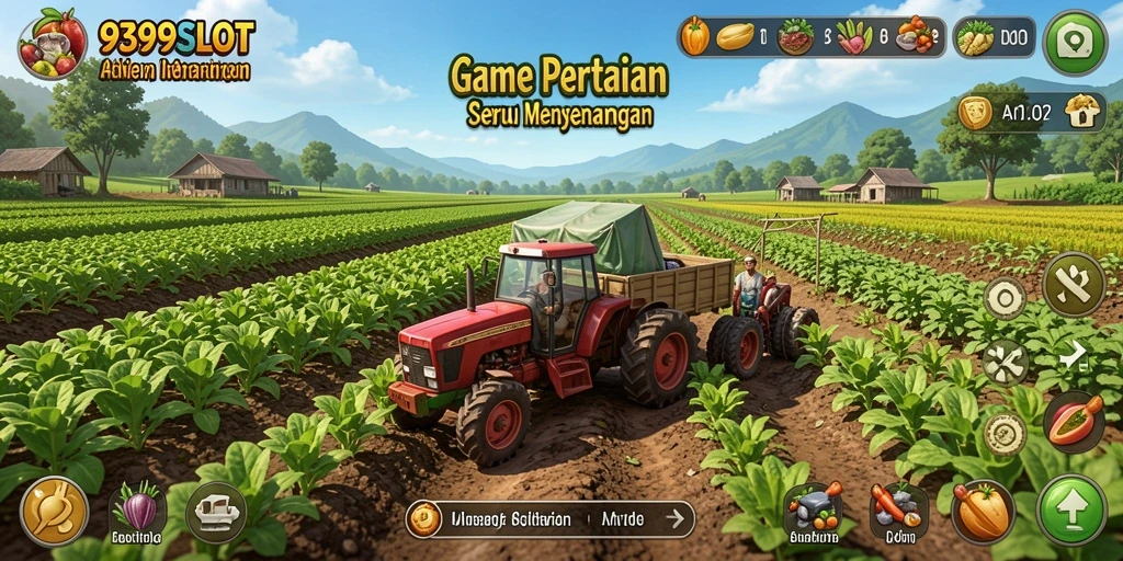 Screenshot utama 9399SLOT menampilkan ladang yang subur dan beragam tanaman.