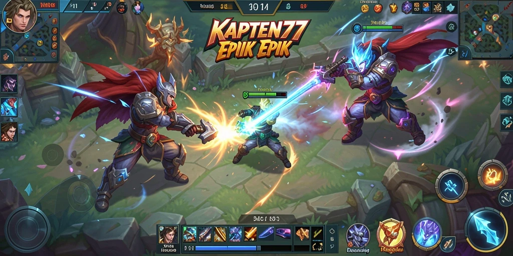 Tangkapan layar utama KAPTEN77 menampilkan pertarungan seru di arena MOBA.