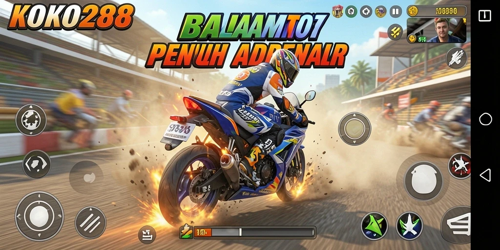 Tampilan gameplay mendebarkan dari KOKO288 saat balapan motor.