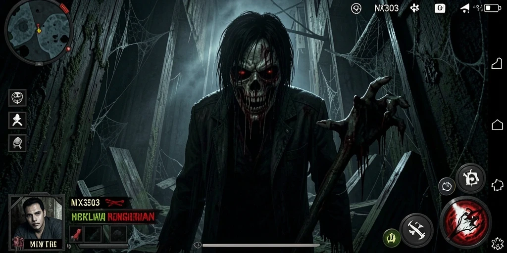 Screenshot gameplay NX303 yang menampilkan momen menegangkan di dunia horror.