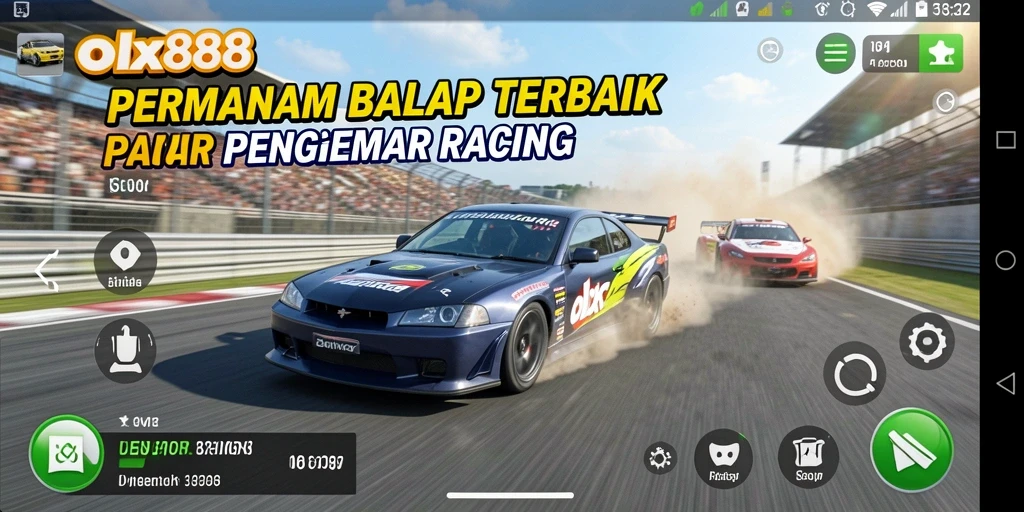 Tampilan impresionis dari gameplay balap di OLX888 dengan kendaraan yang cepat.