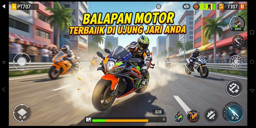 Screenshot gameplay PT707 menampilkan balapan motor yang seru dan grafik menawan.