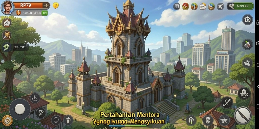 Screenshot RP79 menampilkan aksi menara yang berfungsi melawan gelombang musuh.