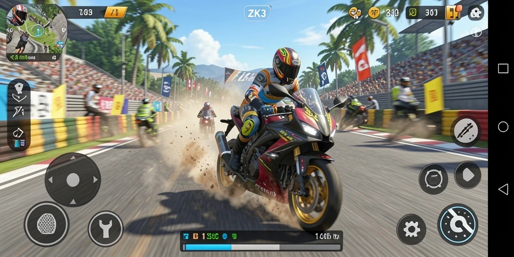 Gameplay ZK3 yang intens dan menegangkan saat balapan motor.